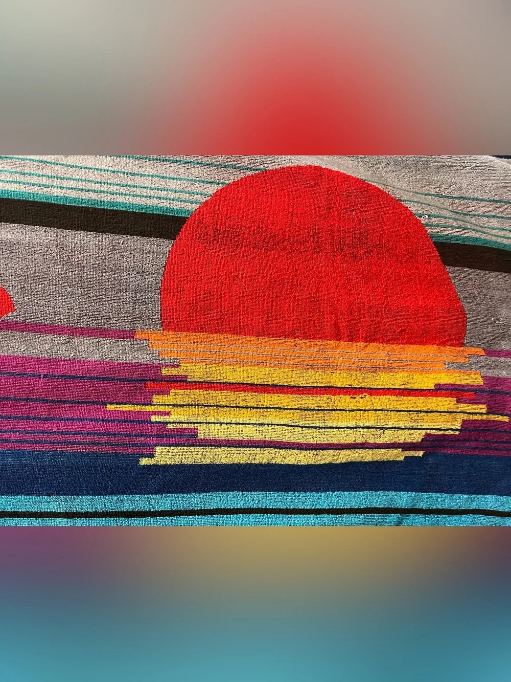 VTG 90s Ipanema Cecil Saydah Beach Towel Sailboat Sunset Horizon Graphic Cotton